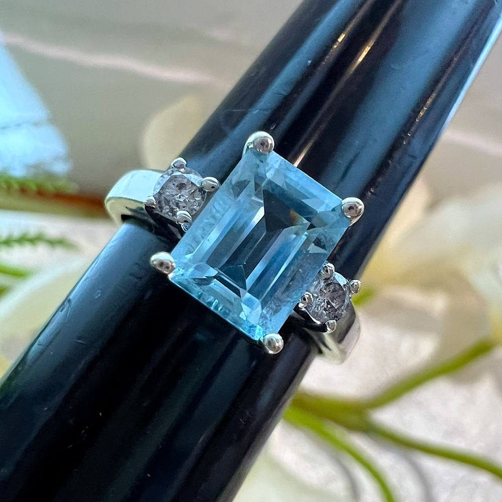 ❌SOLD❌ Vintage Aquamarine Diamond Ring Solid 14K Gold White Gold Emerald cut - Picture 3 of 17